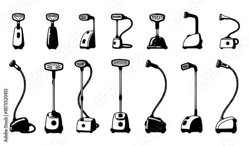 Steamer vector icon collection in cartoon style with garment and travel steamers
