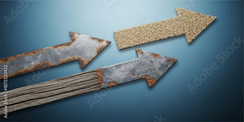 Set of rusty metal arrow signs and sharp iron tools including an old axe and hammer with steel blades isolated on a weathered wooden background surface for construction work