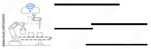 Robotic arm assembling products on a conveyor belt with cloud connectivity signal above. Ideal for technology, automation, manufacturing, logistics, IoT, AI, future industry, simple flat metaphor