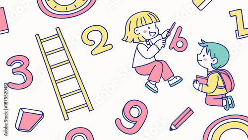 Children learning numbers and math symbols in a fun cartoon style.