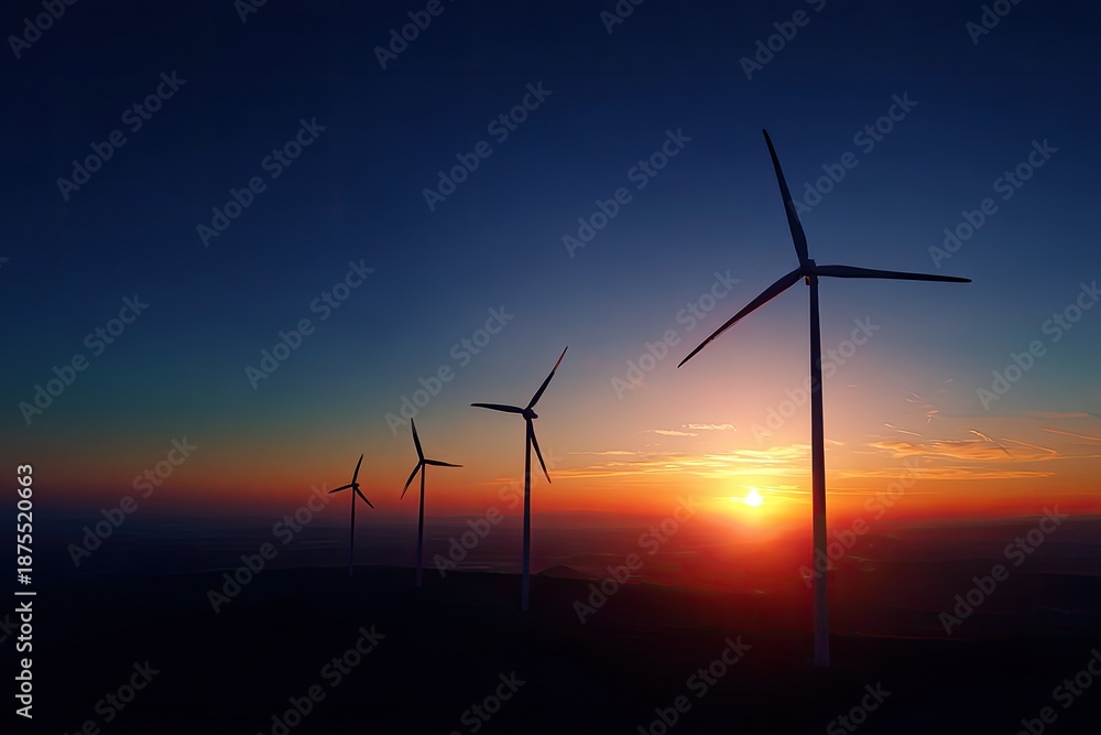Obraz premium Silhouetted wind turbines against a vibrant sunset sky, representing renewable energy sources