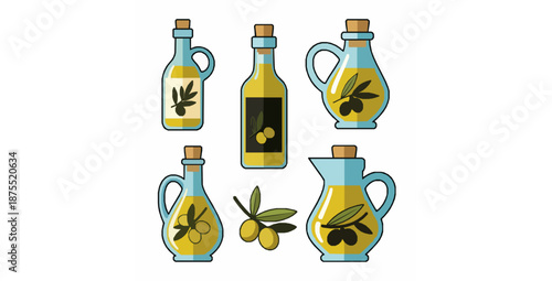 Cartoon olive oil bottle and jug sticker vector illustration