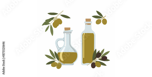 Olive oil bottle and jug flat vector icons with olives