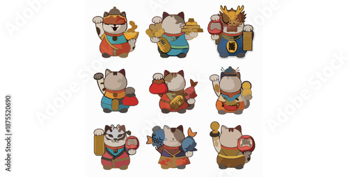 Funny lucky cat Maneki-neko sticker vector character set