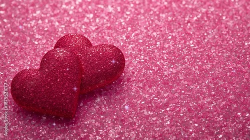 Red hearts on a glitter pink background for Valentine Day, copy space