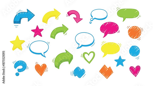 Array of Colorful Scribble Elements: A collection of vibrant scribble design elements, featuring arrows, thought bubbles, stars, hearts, and a question mark.