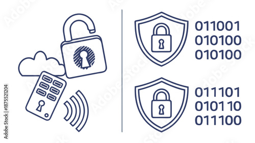 Digital security concept with padlock cloud and binary code.