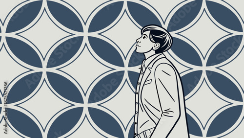 Man in suit looking up thoughtfully against geometric pattern.