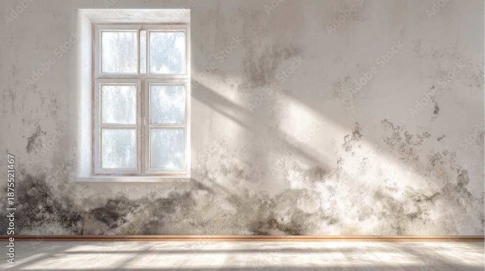 Fototapeta premium Old room with a window showing water damage and mold during daytime on a sunny day