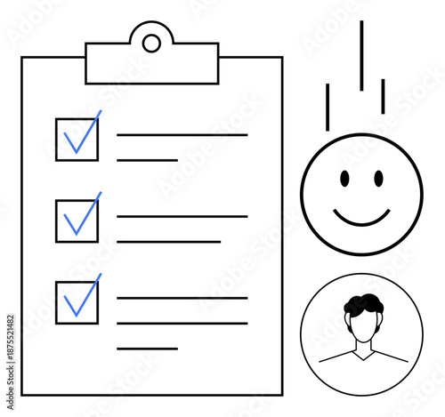 Feedback process. Feedback with a checklist, happy face, and user profile icon. Feedback driving customer satisfaction and understanding user preferences. For customer service, surveys, UX analysis