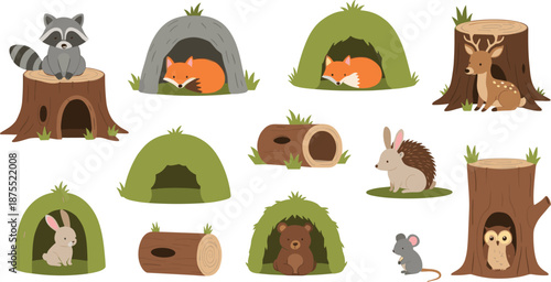 Cute forest animals vector set with raccoon fox deer rabbit bear hedgehog mouse and cozy woodland shelters