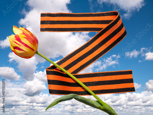 Victory Day 1945. Holiday - May 9. St. George's ribbon and tulip flower against a background of a clear blue sky with white clouds.