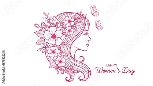 Happy women's day illustration with floral hair and butterflies on white background