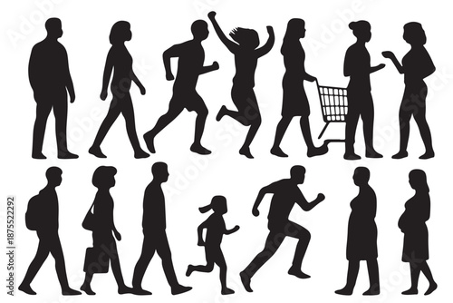 Collection of silhouettes of people walking and running in various poses isolated on transparent background