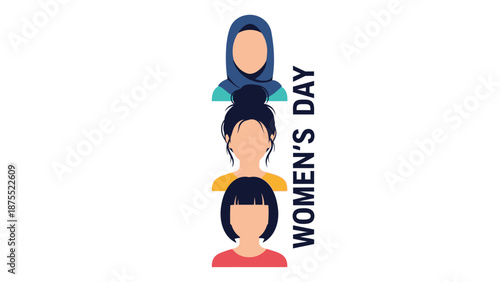 Three diverse women heads stacked vertically celebrating women's day with colorful outfits and hairstyles