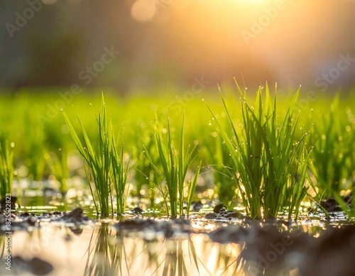 Young rice plants sprout from muddy water, reflecting sunlight, creating a warm, serene landscape
