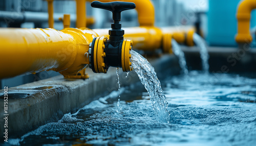 Yellow industrial pipes release clean water into blue channel. Flowing liquid creates ripples on surface. Water supply system operational in facility
