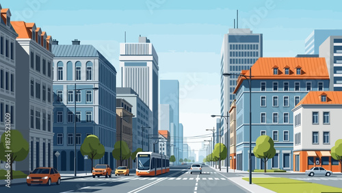 City Street Scene with Buildings and Traffic.