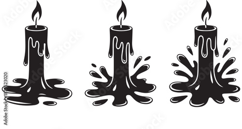 Set of burning melting candles with dripping wax and splash effect black and white illustration