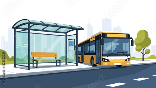 Bus stop with a yellow bus arriving, urban public transport scene.