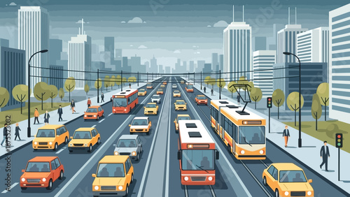 City street with heavy traffic and modern buildings.