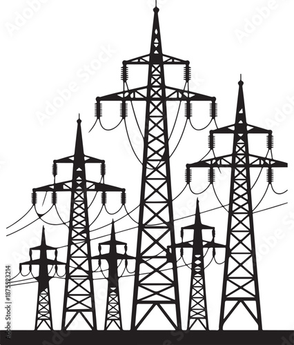 Silhouettes set of multiple high voltage power lines transmission towers energy electricity industry black vector graphic illustration
