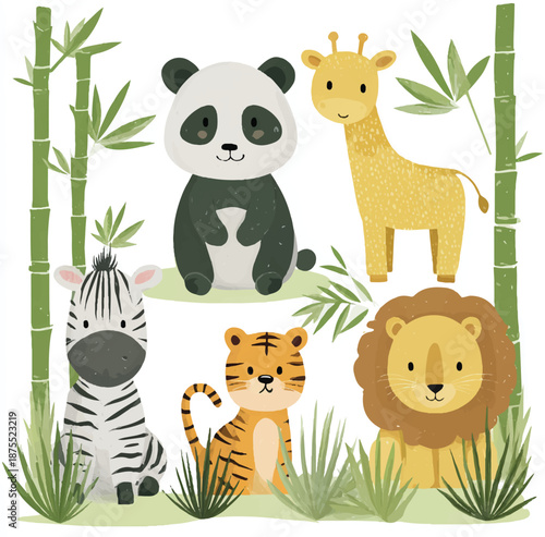 Whimsical Jungle Wildlife Set with Cartoon Giraffe, Panda, Zebra, and Lioness, Cute Animal Illustration for Children