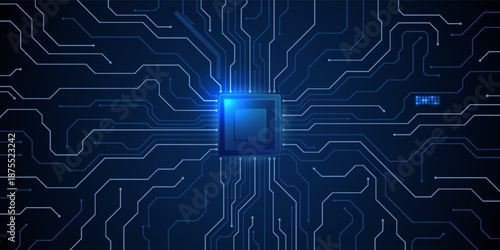 Abstract tech background featuring AI-powered circuit design with semiconductor microchip elements and flowing data streams in luminous blue digital atmosphere. Tech vector illustration.