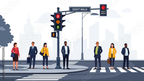 Diverse group of people waiting at a crosswalk with a red traffic light and Dont Walk sign in a city.