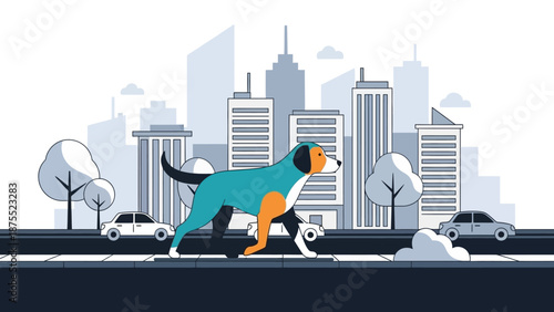 Dog walking in the city street with buildings and cars in the background.