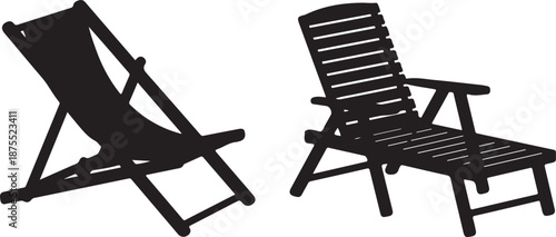 Two distinct black vector silhouettes of outdoor leisure chairs perfect for relaxing on beach or in backyard recreation objects