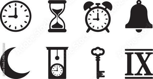 Collection of various timekeeping objects and symbols representing different eras and concepts of measurement and temporality