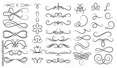 Flourish calligraphic design elements set. Vintage swirls and scrolls for page decoration. Ornate symbols for retro design frames and invitations