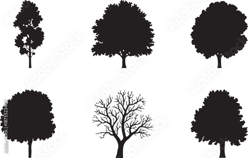 Diverse collection of six black vector tree silhouettes showing various shapes sizes and seasonal appearances graphic elements