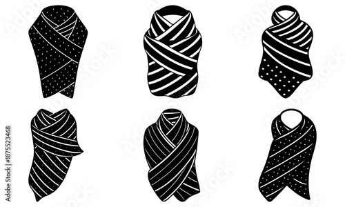 Six Black and White Scarf Silhouettes with Different Patterns on White Background scarves fashion
