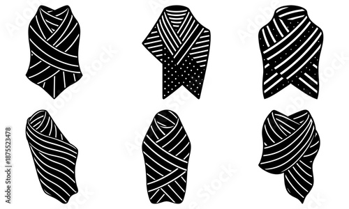 Five Striped Scarves with Dotted Patterns on White Background scarf black