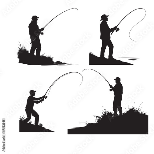 Set of Fisherman Silhouettes Catching Fish from the Riverbank and Lake Shore