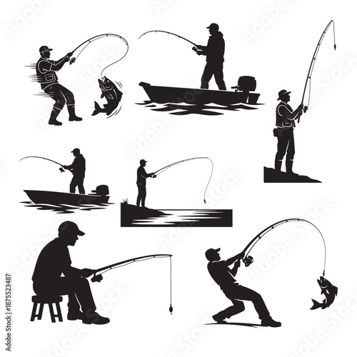 Set of Fisherman Silhouettes Catching Fish from Boat and Shore with Rods and Reels