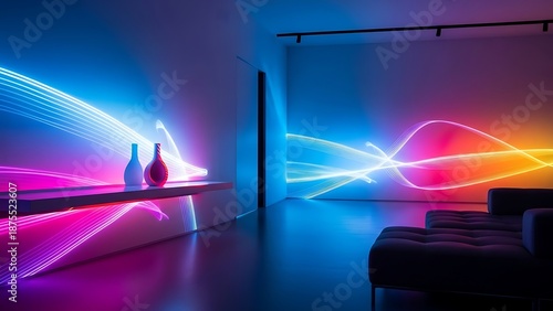 Modern minimalist interior illuminated by vibrant neon light trails and futuristic digital waves.