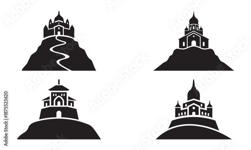 Minimalist Silhouette Set of Church and Monastery Buildings on Hilltops for Religious and Travel Design