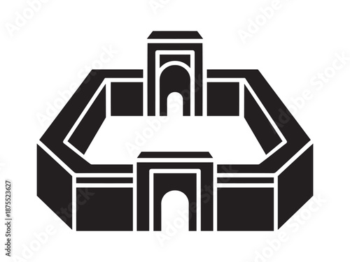 Isometric Silhouette of an Enclosed Hexagonal Fortress Wall with Symmetric Entrance Gates