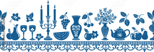 Decorative blue border pattern featuring still life elements like fruit vases candelabra and teapots for elegant presentation