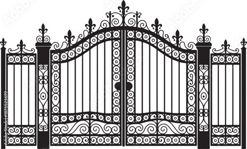 A grand ornate wrought iron gate silhouette vector illustration, ideal for security, property, or entrance related concepts