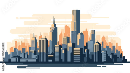 Modern City Skyline at Sunset with Tall Buildings.