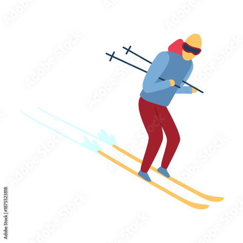 Man on mountain ski resort. Winter web banner design element. Sport on vacations or winter activity. Sports descent on skis in mountains hills. Vector cartoon illustration