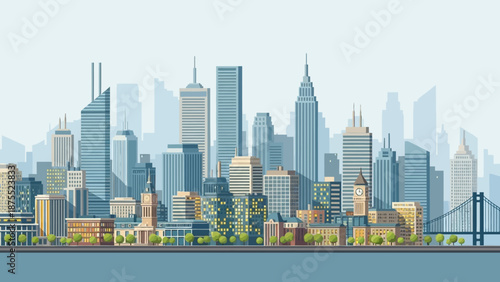 Modern City Skyline with Skyscrapers and Bridge.