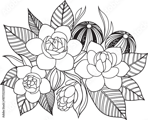Floral elements and buds with leaves isolated on white background hand drawn sketch vector illustration