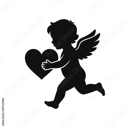 Silhouette of a cupid running, carrying a heart, a symbol of love and affection. The cupid has wings and is in motion