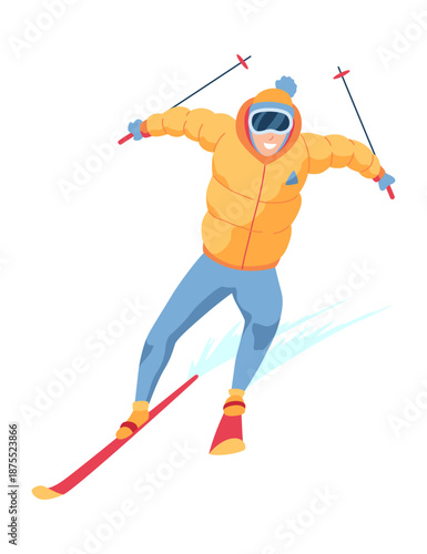 Man on mountain ski resort. Winter web banner design element. Sport on vacations or winter activity. Sports descent on skis in mountains hills. Vector cartoon illustration