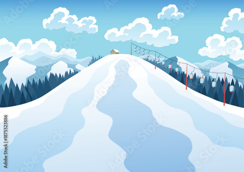 Mountain ski resort landscape. Winter web banner design. Sport on vacations or winter activity. Vector cartoon illustration